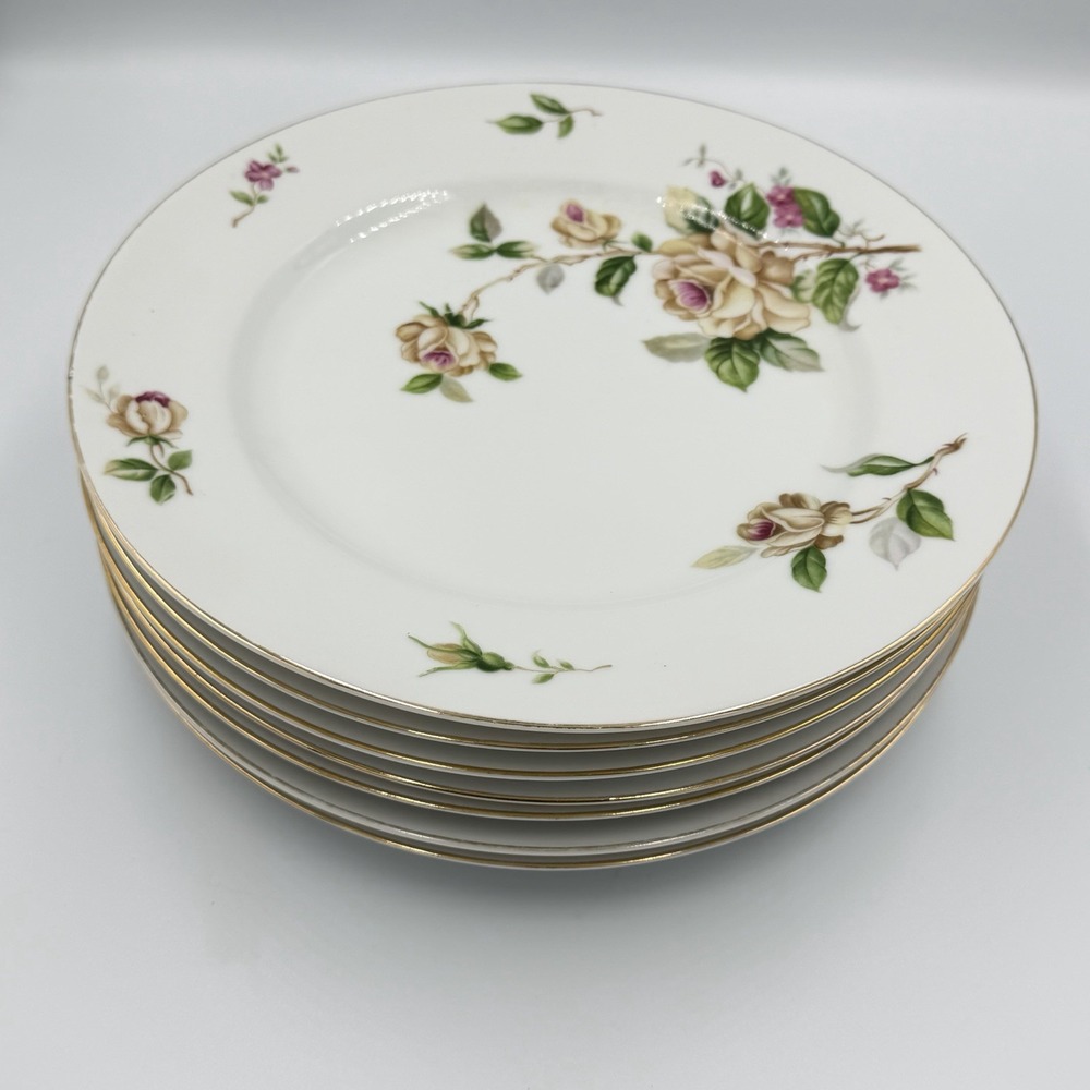 Lynmore Fine China Golden Rose Set of 7 Dinner Plates 10 1/4" Pink/Brown Flowers